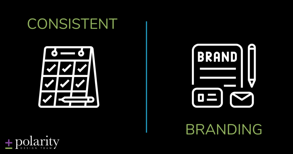 A graphic with a calendar depicting consistency and a graphic depicting branding in a post about consistent branding