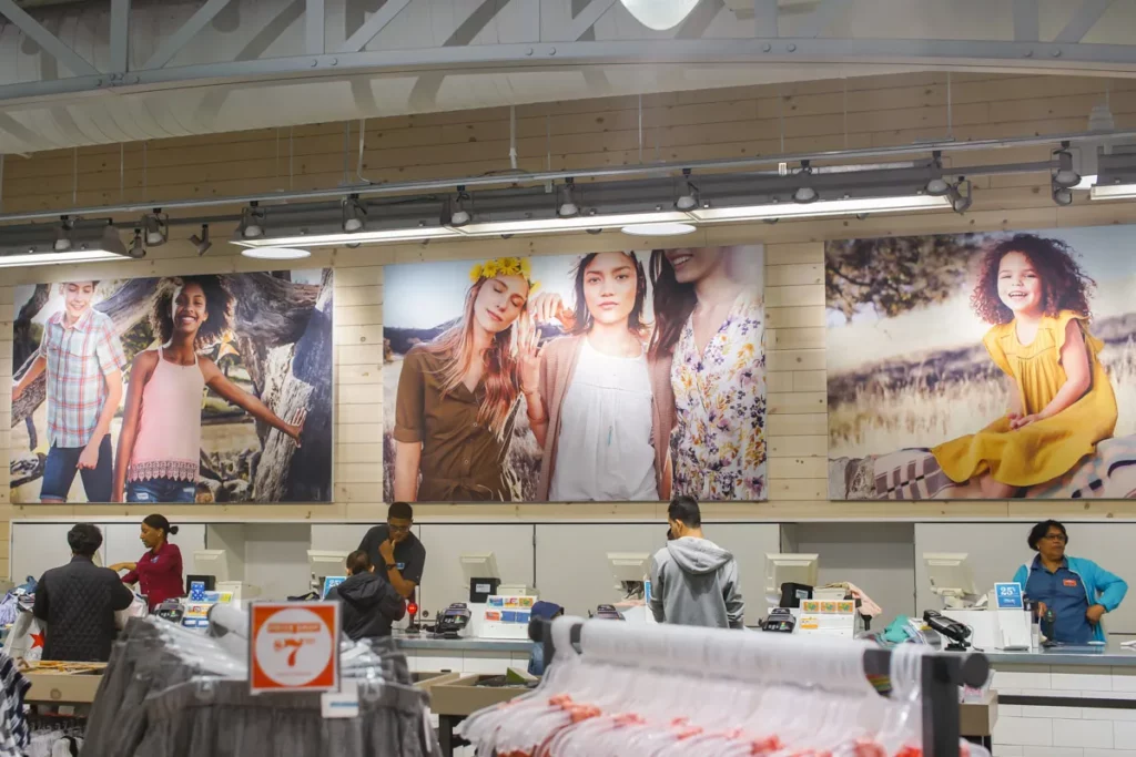 A frontlit SEG fabric display at an Old Navy retail location