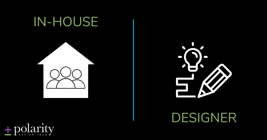 graphic showing figures in a house as a play on "in-house" and a design graphic
