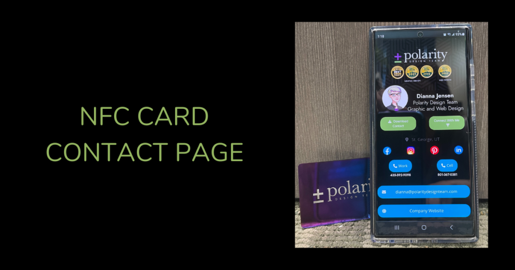 An image of the front of a branded NFC card and an example of the contact page it takes visitors to.