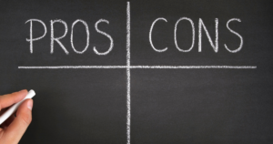 Chalkboard split into two sections, one labeled "Pros" and one labeled "Cons"